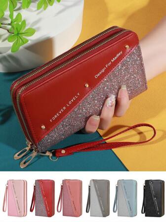 彩色闪光手拿包 女士 零钱包 带卡槽 双拉链 卡包 & 手机夹 钱包 钱包 长款钱包 钱包 腕包