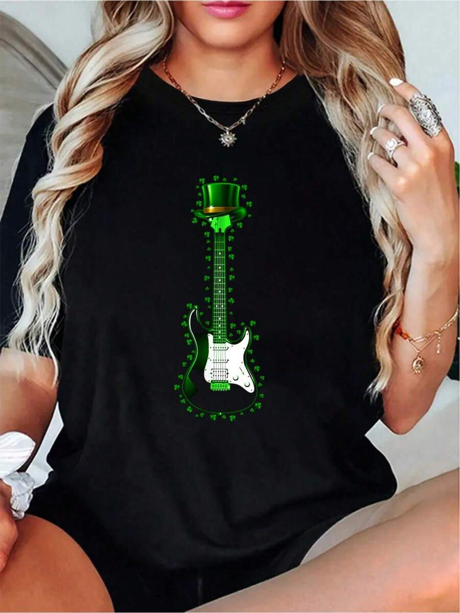 Guitarist Gifts Electric Guitar Leprechaun St Patrick's Day T-Shirt, Casual Crew Neck Short Sleeve Comfort Tee Top For Spring & Summer, Women's Clothing.Jpg - Black - View 1