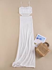 性感透视 V 领镂空针织海滩长裙夏季女式假日优雅装泳衣罩衫