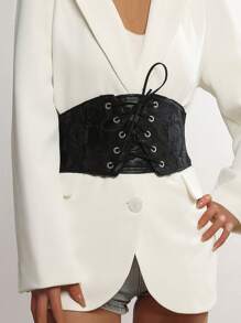 1 件哥特式蕾丝抽绳束身衣腰带，百搭自系腰带，适合女士套装毛衣角色扮演深色风格，松紧腰部装饰 - 黑色 - 查看 1