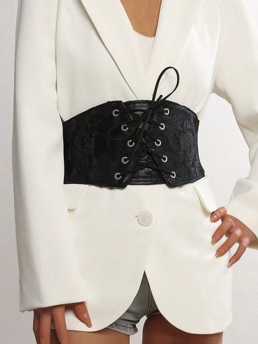 1 件哥特式蕾丝抽绳束身衣腰带，百搭自系腰带，适合女士套装毛衣角色扮演深色风格，松紧腰部装饰 - 黑色 - 查看 1