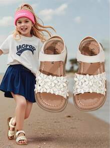 夏季女童时尚平底凉鞋优雅小花软底儿童公主鞋沙滩凉鞋带珍珠装饰适合日常逛街。开学季凉鞋特价 - 米色 - 查看 2