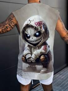 男士休闲骷髅和字母印花圆领无袖背心，涤纶面料，适合户外和街头穿着，夏季 - 彩色 - 查看 5