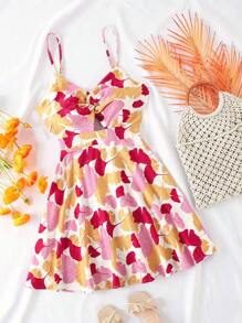 Vestido de tirantes con escote en V y espalda descubierta con estampado de hojas de ginkgo, mini vestido de verano sin mangas para el Día de San Valentín - Rojo - Ver 2