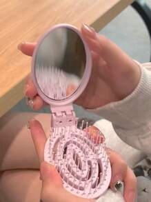 A-Z Daisy Flower Pattern Pink Portable Hollow Comb With Makeup Mirror, All-In-One Foldable Mirror Comb - Portable Tabletop Modern Makeup Tool, Travel Essential, Folding Comb With Makeup Mirror, Convenient To Carry,Giveaways,Travel,Cheap Stuff,Travel Essential - Pink - View 7