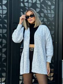 Women's Basic Knitting Mousse Puff Sleeve Cardigan - Camel - View 4