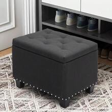 24-Inch Black Tufted Storage Bench Ottoman With Poufs, Upholstered Footrest, And Lift-Top Stool Design - Default - View 4
