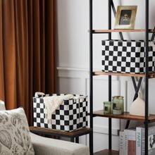 Black And White Checkered Canvas Basket, Rectangular Organizing Decorative Storage Basket For Kids, Dog Toy, Classic Checkered Room Decor For Home, Kitchen, Bedroom, Classroom, Shelves,For Back To School
