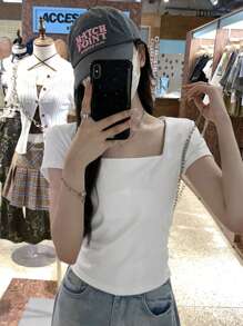 女式方领褶皱修身短袖休闲 T 恤，夏季 - 白色 - 查看 2