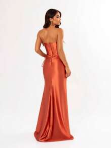 LONG WEDDING PARTY DRESS FOR BRIDESMAID FASHIONISTA STRAPLES WITH SLIT - Burnt Orange - View 2