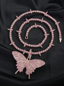 Fashion Crystal Pink Butterfly Pendant & Punk Spiked Cuban Link Chain Necklace Set, Unisex Party / Gift Decorative Box Included