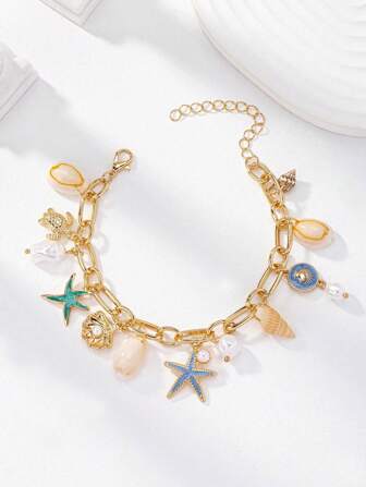 1 Stück BOHO Bohemien Stil Charm Armband mit Muschelschale, Türkis Stein, Schildkröte, Seestern, Quaste und Natürlichen Steinen, Urlaubsstil am Strand (handgefertigt, Form und Farbe sind zufällig)