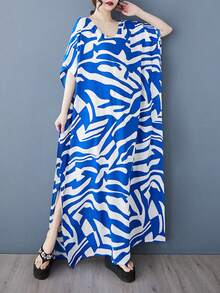 上衣连衣裙，2025 年夏季 V 领袖度假沙滩裙，成衣，波西米亚风休闲度假大码连衣裙，女士大码优雅日常连衣裙 - 藍色 - 查看 5