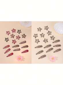 16pcs Leopard Pattern Teardrop & Star Hair Clips, Sweet & Cute Y2K Bangs Barrettes For Daily Wear And Commute Claw Clips