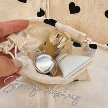 1pc Mini Drawstring Storage Bag, Black Heart Pattern, Fabric Organizer For Miscellaneous Items And Small Objects, Portable Toiletry Bag, Lightweight Foldable Design,Makeup Bag,Travel Essential - Champagne - View 10