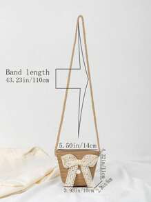 1 件儿童可爱珍珠纱布蝴蝶结草编包单肩包斜挎包 - 彩色 - 查看 6