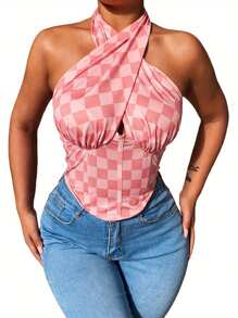 Women Halter Tank Tops With Hollow Chest, Skinny Fit Geometry Pattern Summer Clothing - Pink - View 2