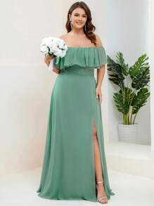 EVERPRETTY Vestido formal de dama de honor con hombros descubiertos y abertura en el muslo para tallas grandes - Verde - Ver 1
