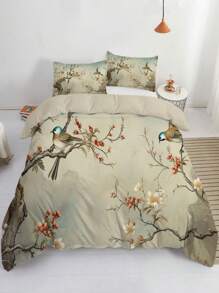 3 件套复古花卉和鸟类印花被套套装 - 包括 1 个被套和 2 个枕套，透气涤纶，可机洗 - 适合所有季节
