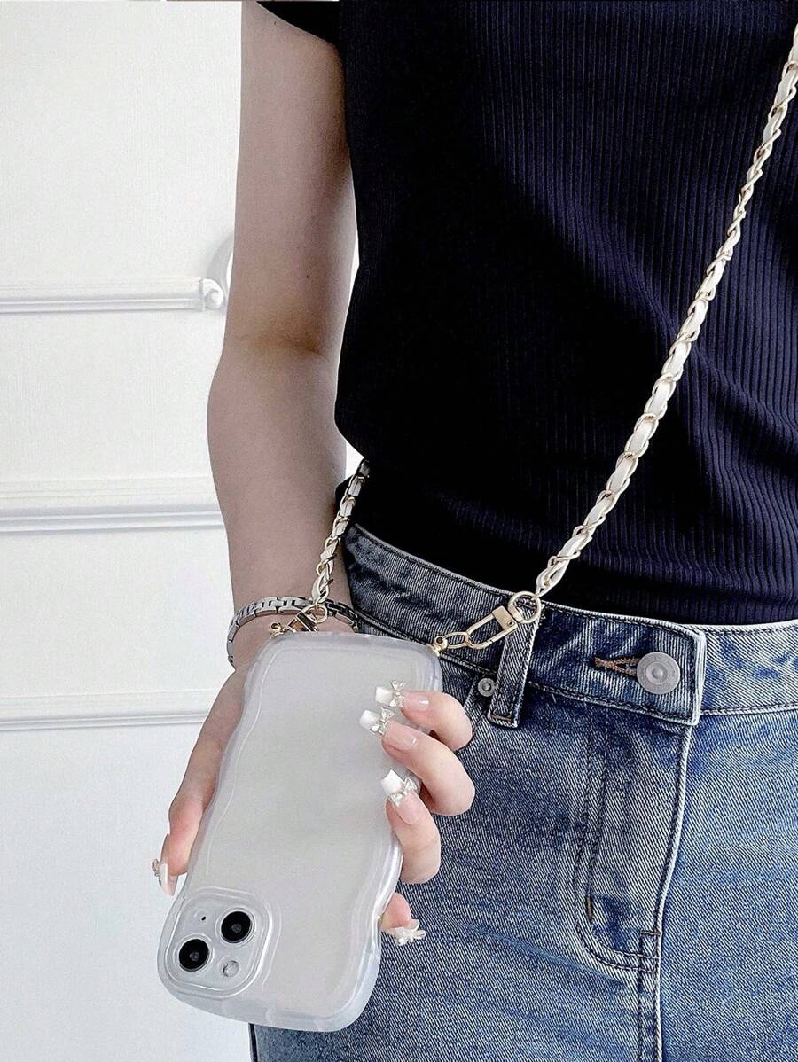 1pc编织长链透明波浪手机壳适用于iPhone11 12 13 14 15 13promax 14promax 15promax（如果底部螺丝螺母脱落可以自行安装，长绳可以自行安装） - 無色 - 查看 1