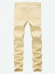 Men's New Ripped Distressed Denim Jeans, Black Stretch Casual Pants - Khaki - View 2