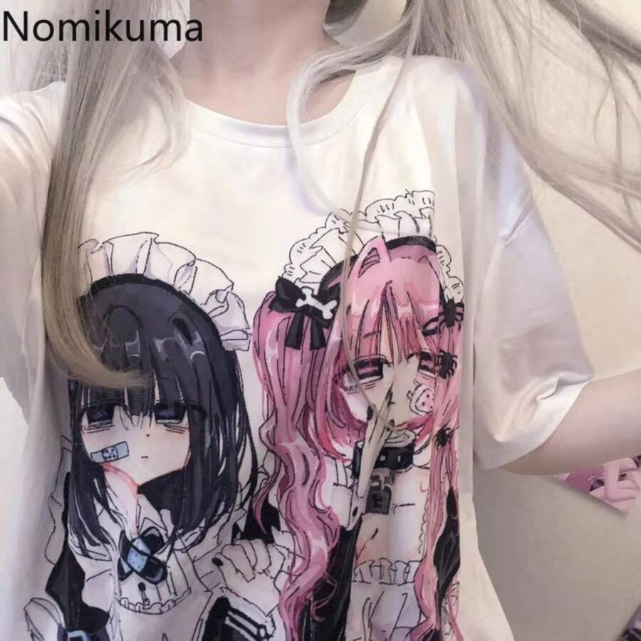 Summer Shirts For Women Fashion Tshirts O-Neck Short Sleeve Oversized Tops Anime Print White Tees Japanese T Shirt Ropa Mujer - White - View 1