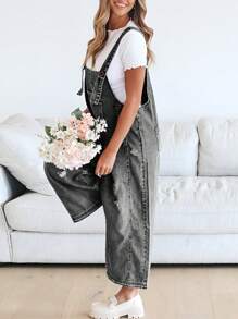 Women's Casual Denim Overall Jumpsuit  Loose Adjustable Shoulder Straps Make Old Denim Cargo Belt Pockets