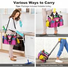 Rolling Cleaning Caddy Bag With Detachable Trolley, Professional Portable Large Cleaning Bag With Wheels, Wearable Cleaning Supply Bag On Wheels For Housekeepers, Rose Red - Rose Red - View 5