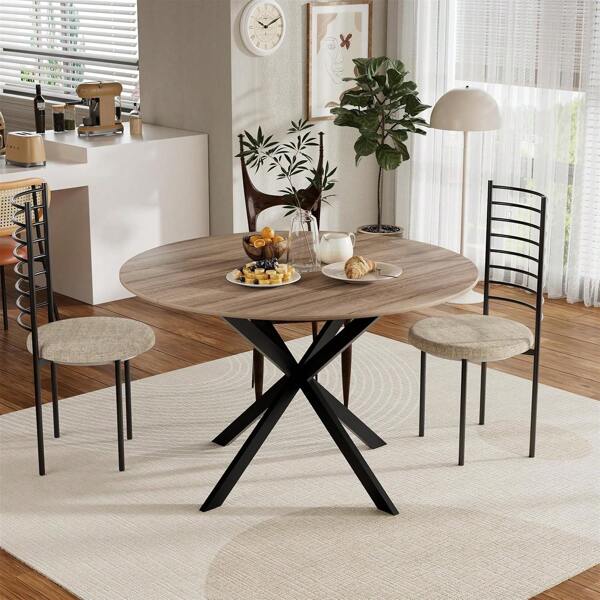 AYYDS Retro Industrial Style Round Dining Table - 120cm Wooden Kitchen Table With Striking Black Metal Legs And Natural Walnut Finish, Kitchen & Dining