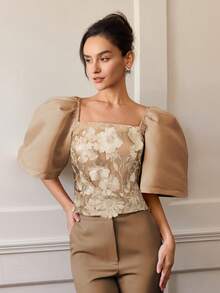 Áo cánh dự tiệc vải đặc biệt thêu cao cấp dành cho nữ, mùa hè, áo crop top, trang phục công sở thường ngày, đi nghỉ, tay bồng - màu nâu - Xem 4