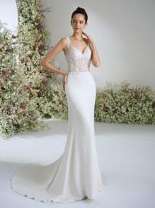 Summer Sequin Lace Plunging Neckline Ethereal Romantic Luxurious Bohemian Bridal Shower Dresses White Outdoor Mermaid Wedding Dress Bridal With Train,For Graduation, Dinner - White - View 2