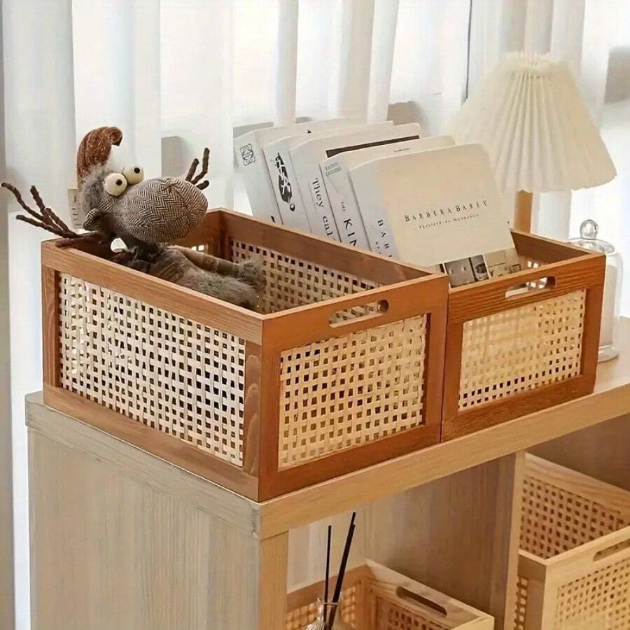 1 pieza Cesta de almacenamiento rectangular de madera estilo bohemio tejida a mano, caja organizadora de ratán vintage, adecuada para el hogar, la cocina, el baño, la sala de estar, el dormitorio, la habitación del estudiante, decoración del escritorio - Solución de almacenamiento multifuncional