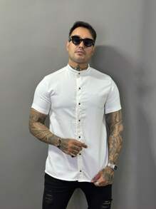 Camisa Masculina Botão Alfaiataria Gola Padre Elegante Casual