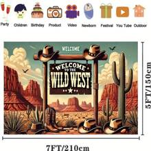 1pc Interesting Wild West Theme 7x5ft Polyester Backdrop - Suitable For Birthday Party Banner Decoration And Photography Props, No Power Needed, Tablecloth, Curtain