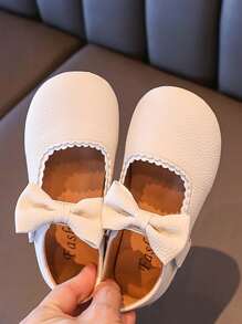 1 Pair 2025 New Girls Princess Shoes, Non-Slip Soft Sole, Pink, Bow Decor, Children Flat Shoes, Spring/Autumn - Beige - View 5