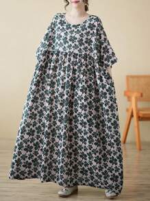 Top, Bohemian Casual Holiday Dress, Green Flower Beach Dress, Women's Elegant Everyday Dress, Summer 2025 New Short-Sleeved Crewneck Dress, Women's Plus-Size Holiday Dress, One Dress,