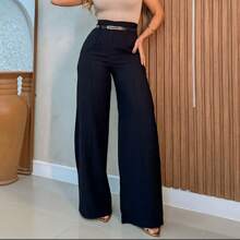 Women's Tailored Wide-Leg Pants With Belt And Pockets, Elegant High Waist, New Collection Launch For Women's Clothing - 黑色 - 查看 2