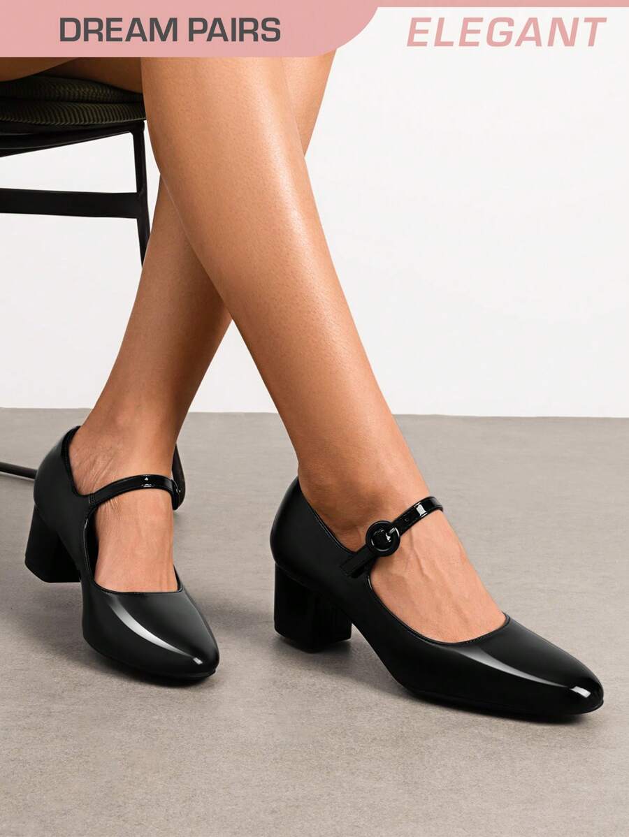 Women's Chunky Heels Mary Jane Pumps Round Closed Toe Simple & Basic Fashionable Comfortable Party Dress Office Shoes - màu đen - Xem 1