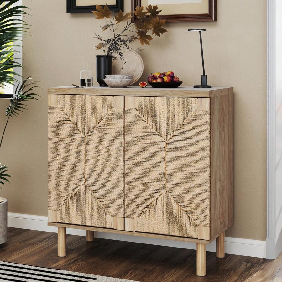 Boho Wood Accent Cabinet, Kitchen Cabinet Storage With 2 Doors & Adjustable Shelf, Organization And Storage Cabinet For Hallway, Entryway, Kitchen Furniture - Light Brown - 查看 1