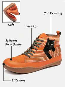 Women's Cat Pattern Sneakers, Breathable Casual Lace-Up Outdoor Shoes, Comfortable Low-Top Athletic Shoes - Orange - View 2