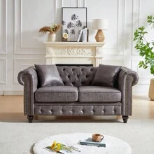 Button Tufted 3 Seats / 2 Seats Combo Sofa Couch With Nailhead Trim&Roll Armrest, Modern Living Room Sofa Set With Solid Wood Frame, Upholstered Mid Century Modern Couch With Wooden Legs, Chesterfield Sofa With 4 Cushions For Living Room, Apartment & Office Furniture - 灰色 - 查看 4