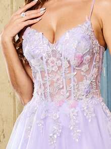 3D Flower Beads Sequin Appliques Ball Gown Mesh Prom Dresses Long Spaghetti Strap V-Neck Elaborate Formal Evening Party Gowns Homecoming Wedding Guest Dress - Mauve Purple - View 10