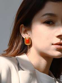 Uworld 1 Bông tai thép không gỉ hình học cổ điển thời trang dành cho nữ Bông tai tròn vuông bằng đá mã não mạ vàng 18K Thích hợp đeo hàng ngày Đi làm Quà tặng lễ hội tiệc tùng, v.v. - bông tai hình học - Xem 3