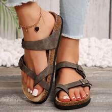Women's Comfortable Summer Beach Sandals Cork Footbed Sandal With Adjustable Buckle - retro grey - View 4