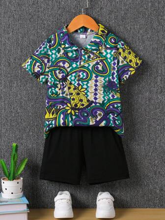 2 件套男童夏季短袖狂欢节 Polo 衫和短裤休闲度假装