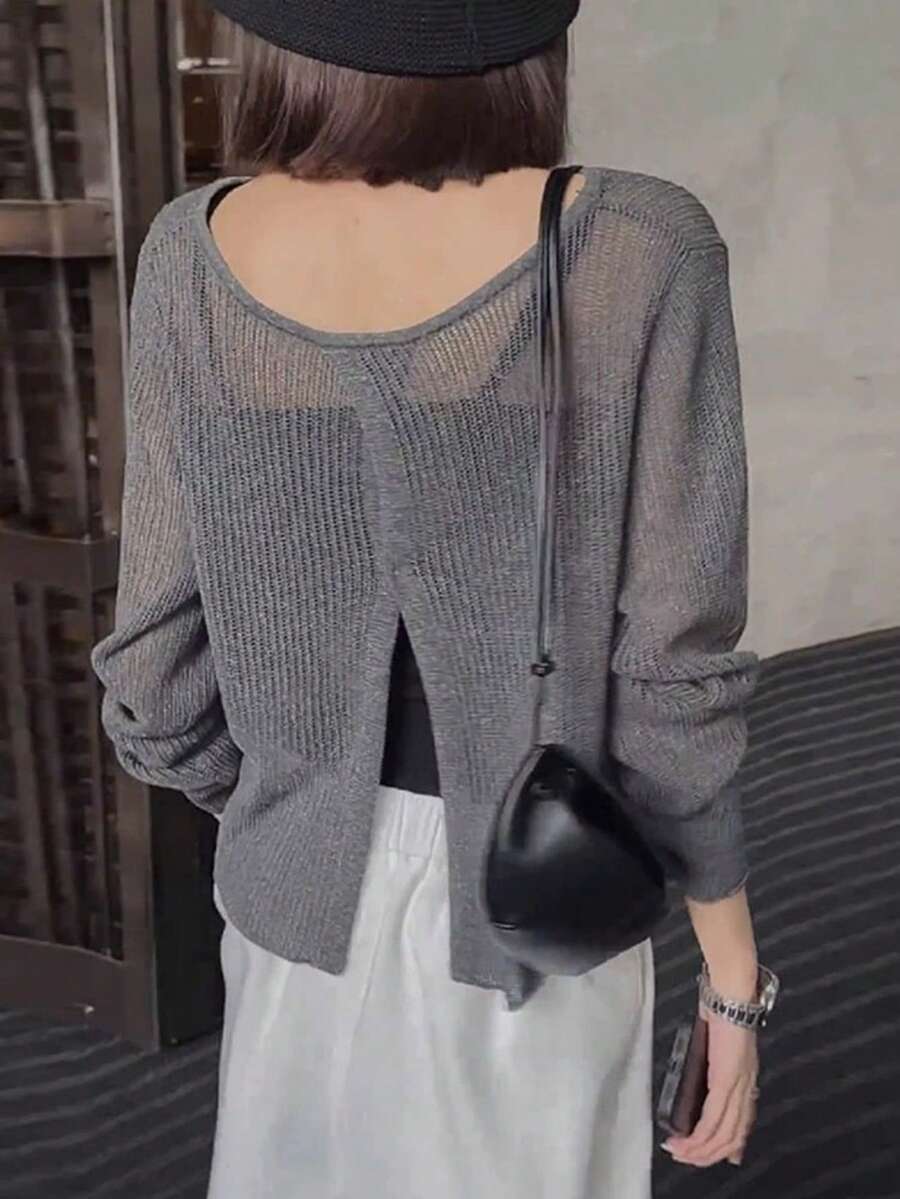 露背镂空透明罩衫,轻薄宽松针织女式衬衫,夏季 - 灰色 - 查看 1