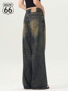 Route66 男女休闲宽松直筒阔腿牛仔裤带斜口袋，美式复古水洗效果长裤 - 藍色 - 查看 6