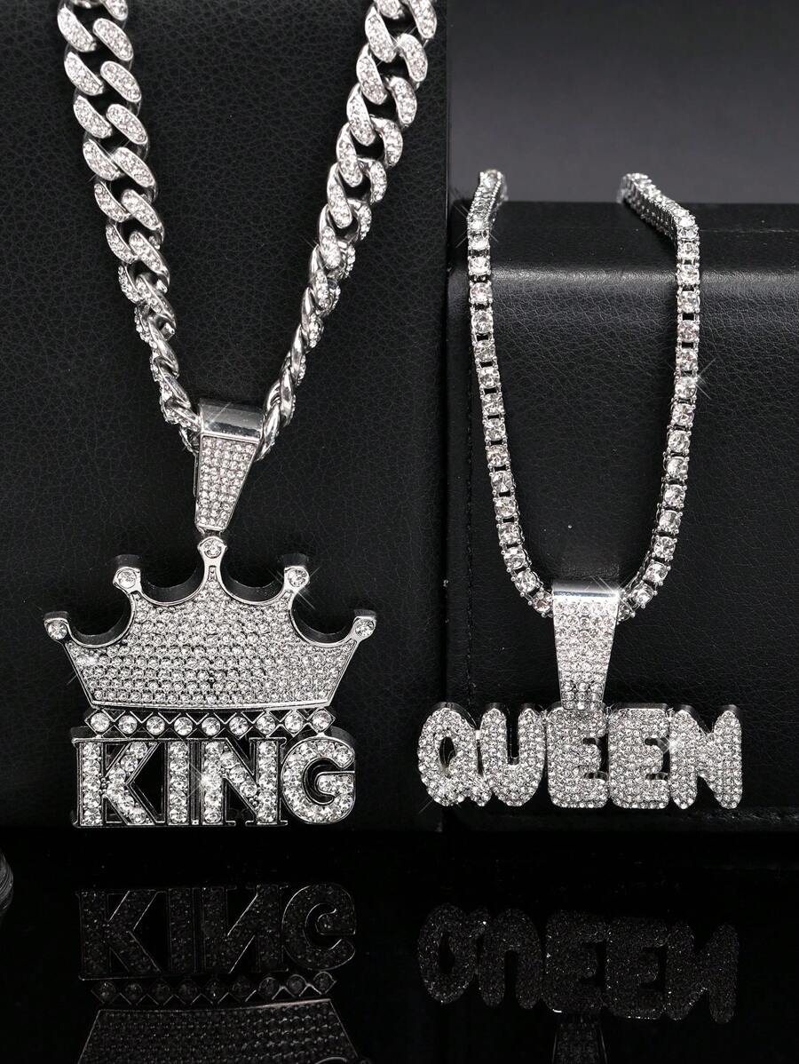 LIGHTSOME Hip Hop Bling Rhinestone Crown KING Pendant Necklace For Men Punk Tennis Chain Link With Queen Pendant Jewelry Gift For Women - Silver - View 1