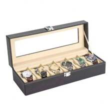 6-Slot PU Leather Watch Box Display Storage Case, Lockable Jewelry Organizer Box With Glass Lid, Large Capacity Watch Holder Drawer For Men And Women (Black) - Multicolor - View 11