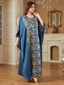 Abaya 时尚亮片刺绣蝙蝠袖宽松腰连衣裙